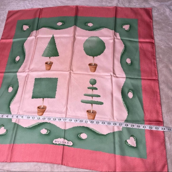 BVLGARI 100% Silk Pink & Green Tree Topiary Print Square Scarf - Picture 7 of 8